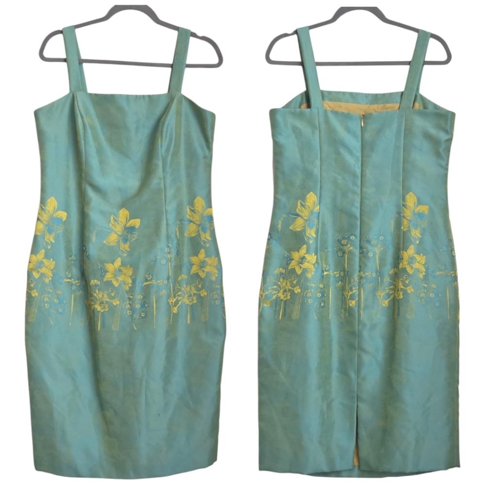 Vintage Nahdree Victor Costa Blue Teal Iridescent Floral Sheath Dress 12